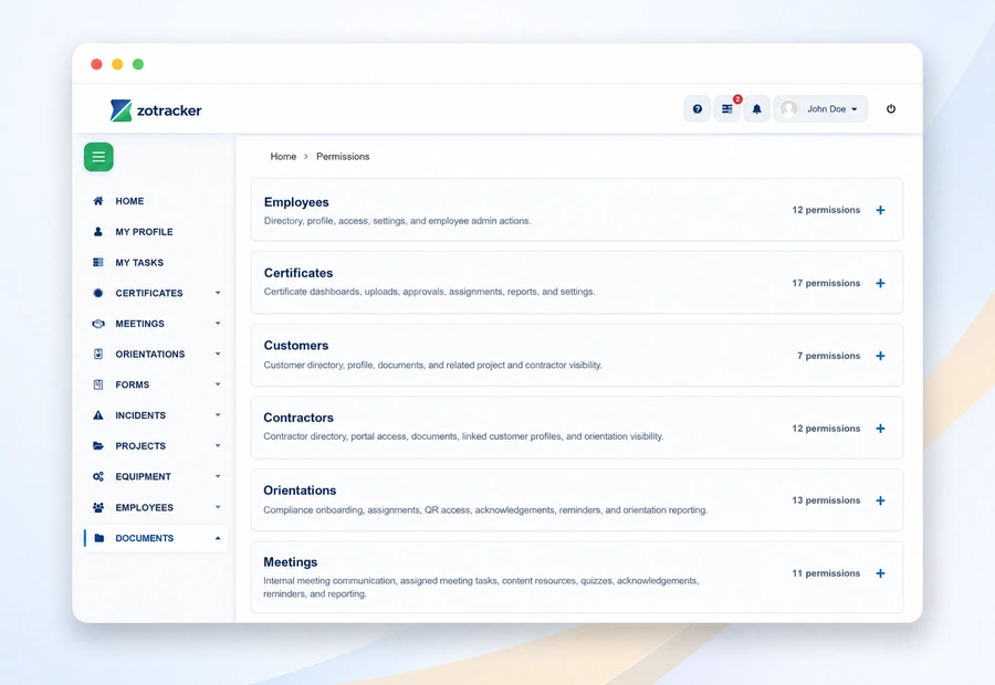 ZoTracker Role-Based Access and Permission Management Software product view