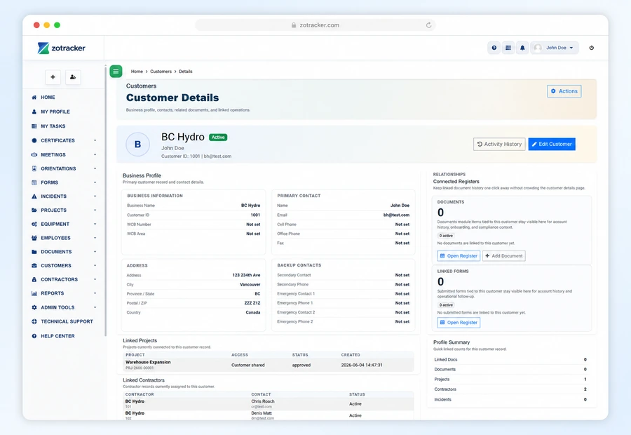 ZoTracker Customer and Client Compliance Management Software product view