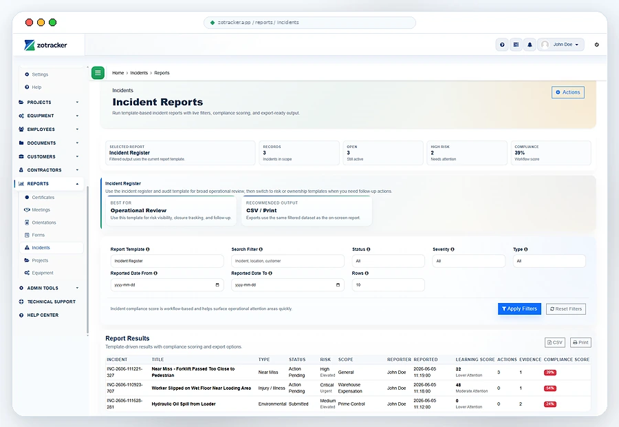 ZoTracker Compliance Reporting Dashboard product view
