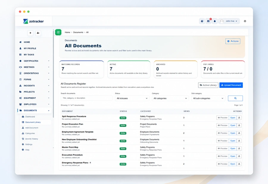 ZoTracker Safety Document Management Software product view