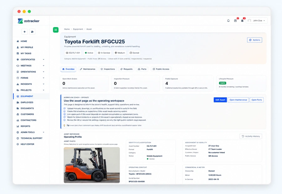 ZoTracker Equipment Inspection and Maintenance Tracking Software product view