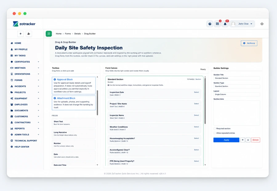 ZoTracker Digital Safety Forms and PDF Workflow Software product view