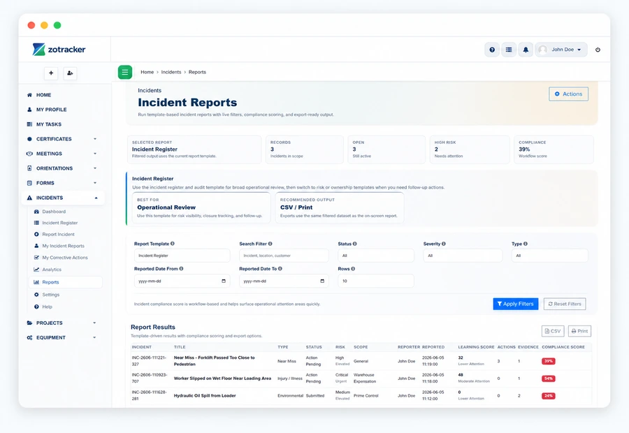 ZoTracker Incident Reporting and Corrective Action Software product view