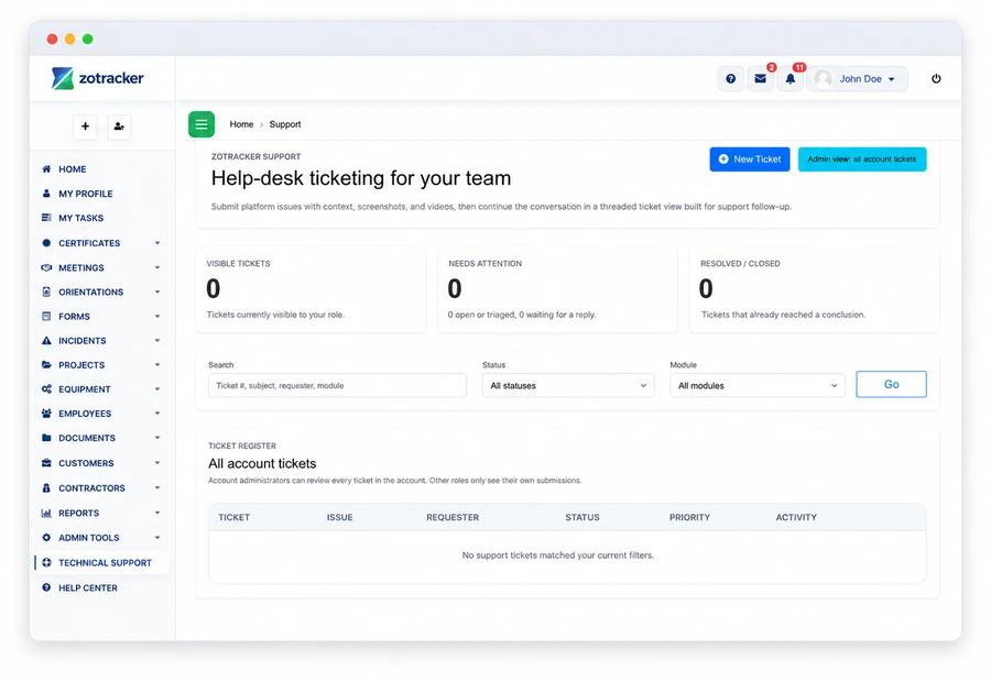ZoTracker Built-In Support Ticketing product view
