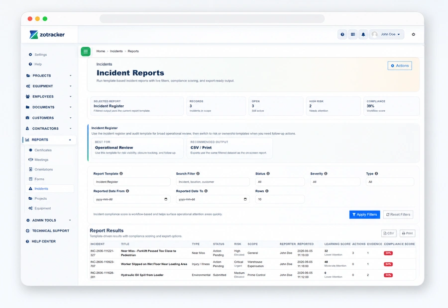 ZoTracker Audit-Ready Compliance Reporting product view